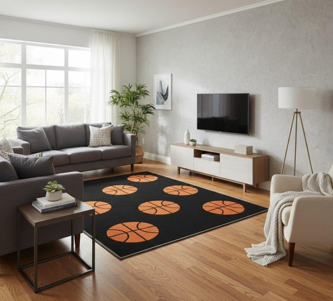 Basketball Area Rug, Sports Themed Living Room Decor, Man Cave Rug ...