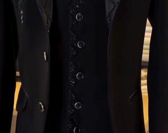 Luxury Black Men's Suit with Heavy Beadwork, Hand Embroidered Tuxedo 3 Piece Set for Groom Wedding, Prom Tux, Custom Made Formal Wear