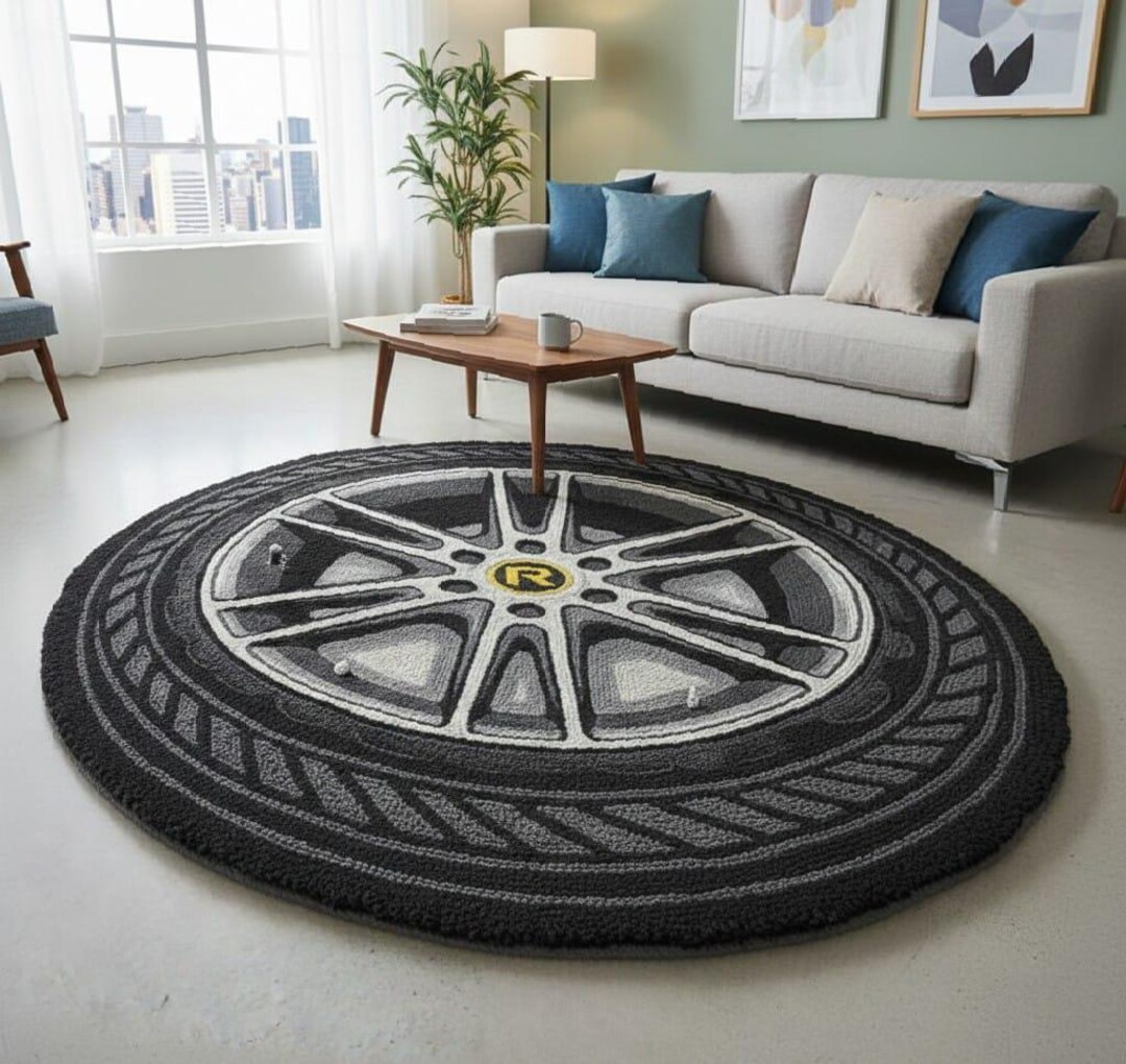 3D Car Wheel Area Rug, Round Rim Tire Carpet for Living Room, Racing ...