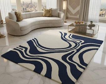Blue Abstract Wavy Rug - Modern Navy & White Area Rug for Living Room, Large Contemporary Floor Carpet, Luxury Hand-Tufted Aesthetic Decor