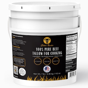 May include: A white bucket of Golden Render 100% Pure Beef Tallow for cooking. The label is black with gold text and a cow logo. It contains 7 lb / 112 oz of tallow. The label also states it is gluten-free and made in the USA.