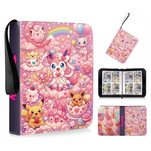 May include: A pink zipped trading card binder featuring a colourful illustration of various Pokemon characters including Sylveon, Pikachu, and Eevee amidst clouds, rainbows, and hearts. The binder includes a black wrist strap and internal card sleeves.