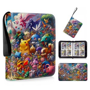 Peut inclure: Un classeur à fermeture éclair pour cartes à collectionner avec une couverture ornée d'un collage multicolore de diverses créatures animées. Le classeur comprend une dragonne noire et l'intérieur contient des pochettes en plastique transparent.