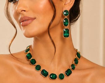 Emerald Green Crystal Jewelry Set, Gold Art Deco Statement Necklace Earrings