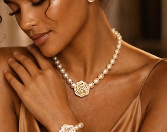 Pearl Choker Necklace, Earrings, Ring Set, Floral Centerpiece Bridal Jewelry