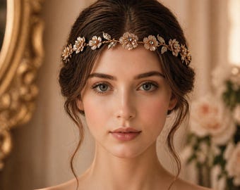Gold Floral Bridal Headpiece, Crystal Hair Vine, Romantic Boho Wedding Accessory