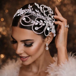 Crystal Rhinestone Bridal head pieceSilver Sparkle Rhinestone Forehead Head Chain Silver Round Crystal Headband  main image 4