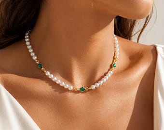 Faux Pearl Emerald Choker Necklace, Gold Tone Bridal Wedding Jewelry