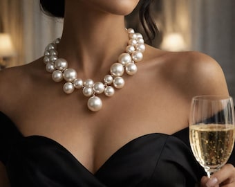 Chunky Pearl Statement Necklace, Vintage Style Bridal Choker, Ivory Imitation Pearls