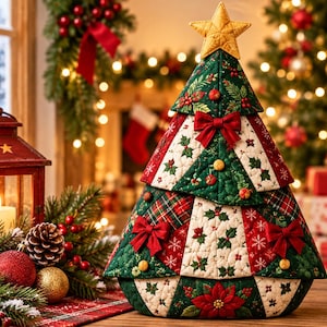 May include: A quilted fabric Christmas tree decoration featuring a patchwork design of green, red, and white patterns with holly, poinsettia, and snowflake motifs. The tree is topped with a gold star and accented with small red bows and buttons.