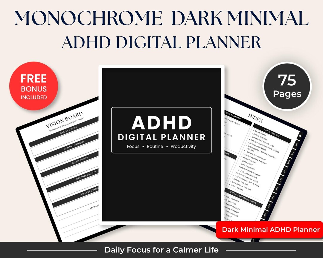 2026 ADHD Digital Planner | Dark Minimal Focus & Productivity Planner ...