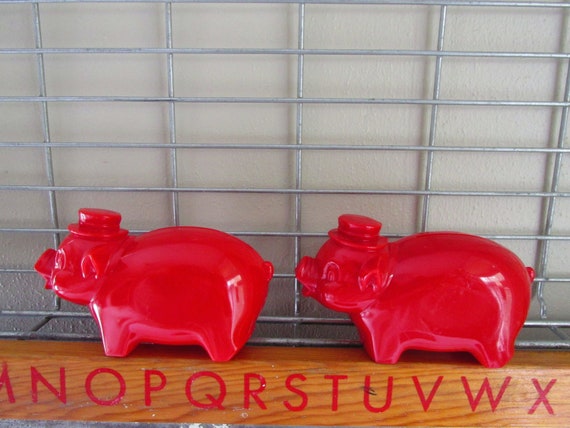 Sale Two Vintage Red Plastic Piggy Banks Red Coin Etsy