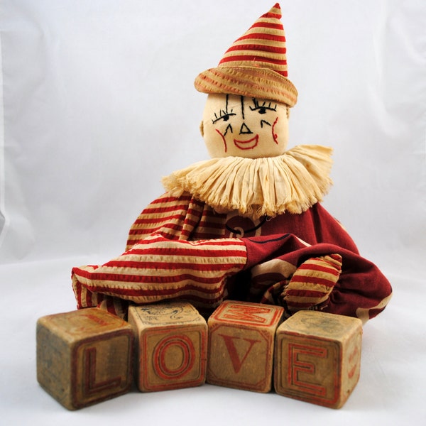 RESERVED JMKentleyVintage Fabric Clown , Handmade Child's Toy , Collectible Cloth Toy , Rag Doll , Red and White Display , Valentine Toy