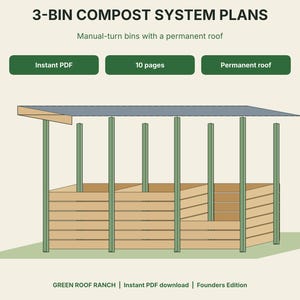 May include: 3-Bin Compost System Plans featuring manual-turn bins with a permanent roof. The document is an instant PDF with 10 pages. The illustration shows a wooden structure with green support posts and a roof. Green Roof Ranch Founders Edition.
