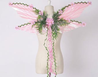 Pink Fairy Wings Costume with Floral Vine Details, Lightweight Translucent Angel Wings for Cosplay, Festival Outfit, Photo Props