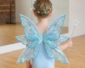 Alas de hada azules para niñas, disfraz infantil, alas de ángel brillantes con purpurina, disfraz de duende iridiscente