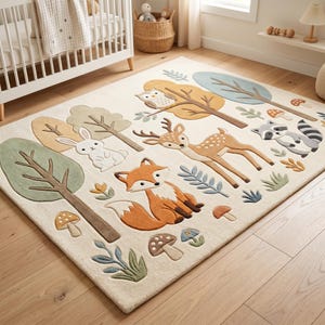 Puede incluir: Una alfombra rectangular con fondo color crema y un patrón de temática forestal. El diseño incluye un zorro marrón, un ciervo moteado, un conejo blanco, un mapache y un búho, rodeados de varios árboles, setas y plantas.
