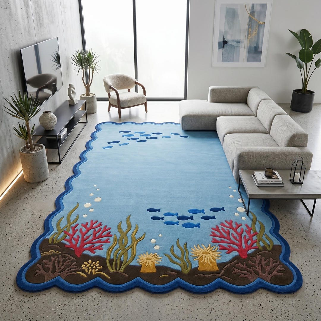 Underwater Coral Reef Rug, Blue Ocean Nursery Carpet, Scalloped Sea ...
