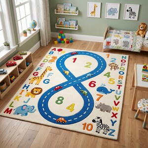 May include: A cream-colored children's rug with a blue road design in the shape of an eight. The rug features colorful numbers, letters, and animal illustrations, including a giraffe, lion, and zebra. Small toy cars are scattered along the road.