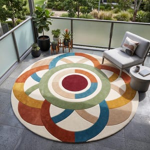 May include: A large circular area rug featuring a geometric pattern of overlapping rings and circles in shades of deep red, burnt orange, mustard yellow, sage green, teal, and cream. The design consists of a central solid red circle.