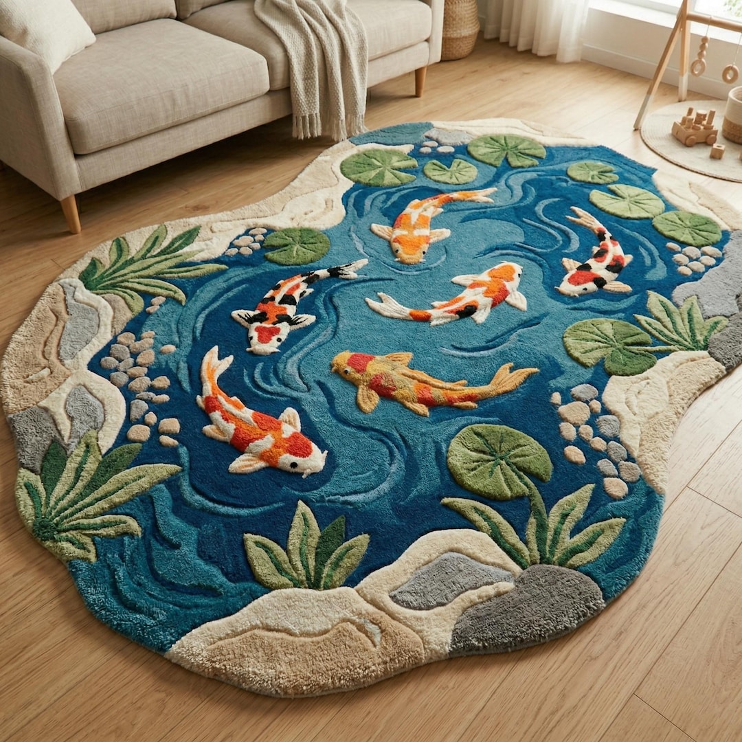 Fish Tuft Rug Koi Fish Pond Rug, Japanese Tufted Wool Area Rug, Irregular Blue Water ...