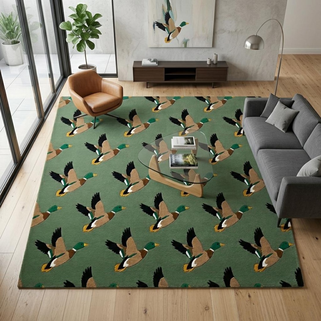 Hand Tufted Wool Mallard Duck Rug, Woodland Bird Carpet, Cabin Lodge ...