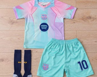 Conjunto de camiseta de fútbol del Barcelona, equipación de fútbol para niños y adultos, conjunto de calcetines y pantalones cortos deportivos con cuello en V azul, ropa de entrenamiento transpirable, ropa unisex.