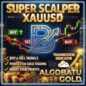 Puede incluir: Gráfico digital que promociona "SUPER SCALPER XAUUSD" con un fondo de gráfico de trading. La imagen presenta lingotes y monedas de oro, junto con el texto "BUY & SELL SIGNALS", "TRADINGVIEW INDICATOR" y "ALGOBATU GOLD".