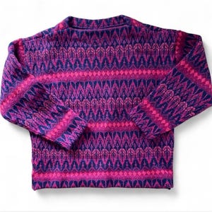 May include: A close-up of a sweater with a geometric pattern in shades of pink and navy blue. The sweater has a crew neck and long sleeves. The pattern consists of zigzags and horizontal stripes.