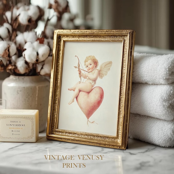 Vintage Cupid on Pink Heart - Romantic Printable Wall Art, Pastel Watercolor Angel, Old-World Charm, Instant Download, Valentine Decor, 14