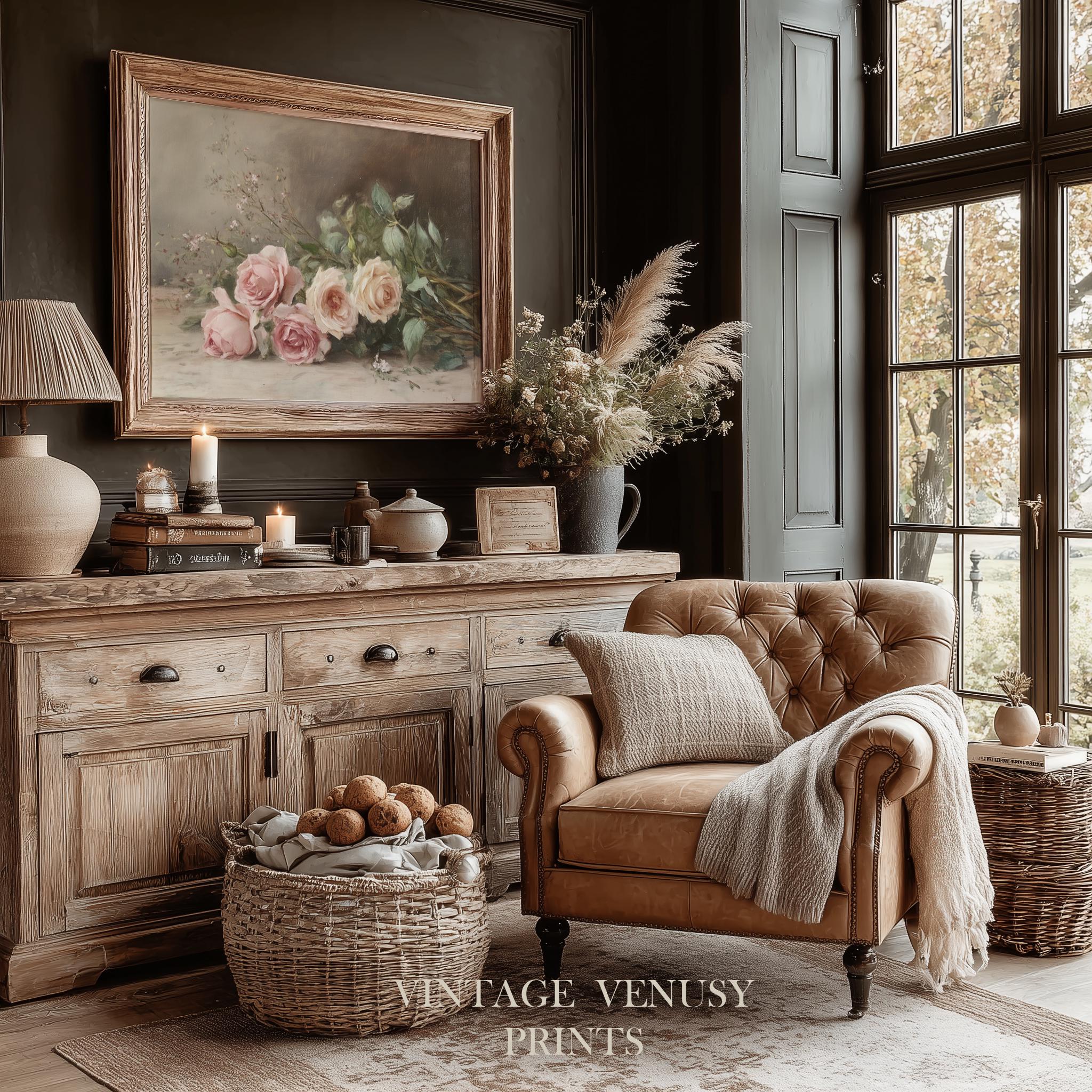 Vintage Pink Roses Print | Romantic Cottagecore Floral Wall Art | Soft ...