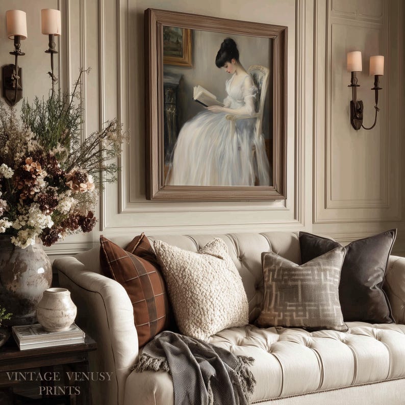 Woman in lace dress painting picture for library — intimate atmosphere created by soft brushwork and delicate details.