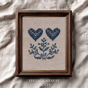 Printable Embroidered Heart and Botanical Art - Vintage Cottagecore Cross-Stitch, Indigo Threads, Rustic Farmhouse Decor, 87