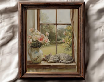 Puede incluir: Una impresión vintage enmarcada que presenta una escena serena. Un gato atigrado gris duerme en un alféizar, junto a un jarrón con rosas rosas. La ventana da a un jardín. La impresión está en un marco de madera marrón oscuro. El texto "VINTAGE VENUSY PRINTS" está en la parte inferior.