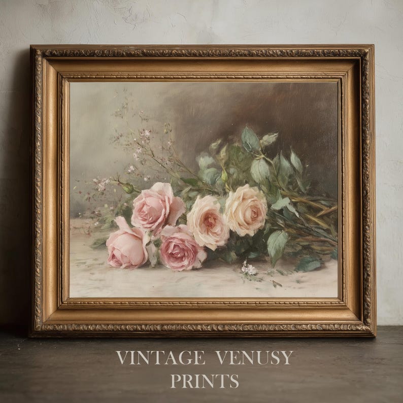 Vintage Pink Roses Print | Romantic Cottagecore Floral Wall Art | Soft ...