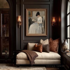 Woman in an elegant dress reading wall decor for nursery — creates a calm, inviting space enriched with timeless charm.
