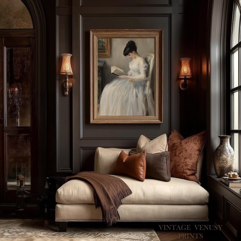 Woman in an elegant dress reading wall decor for nursery — creates a calm, inviting space enriched with timeless charm.