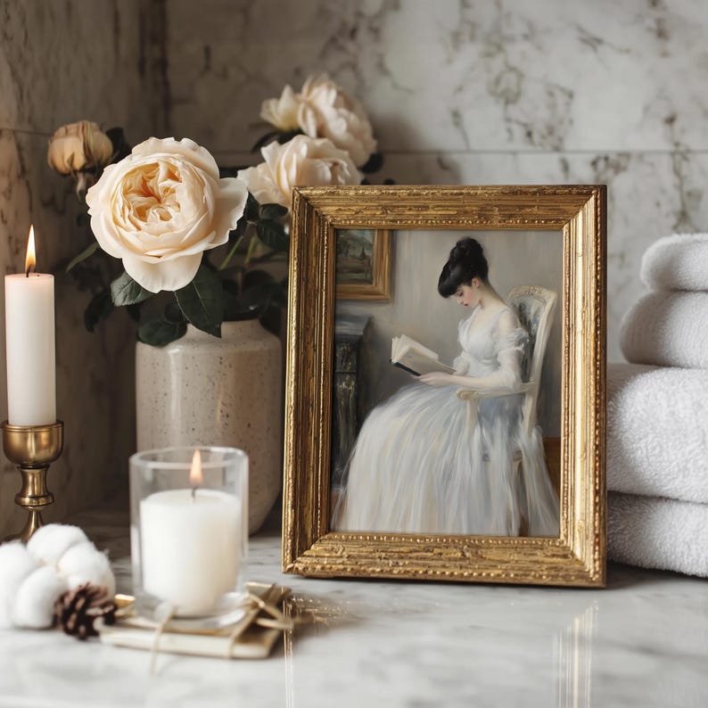 Soft-toned seated woman artwork for hallway — combines traditional painting with an inviting atmosphere and timeless elegance.