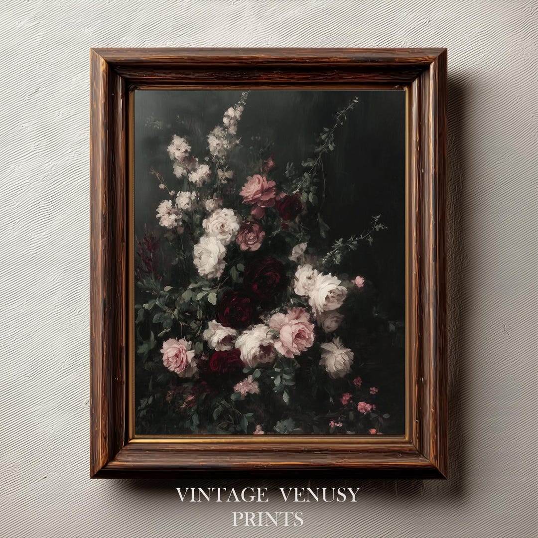 Vintage Floral Bouquet Printable - Elegant Moody Rose Still Life ...