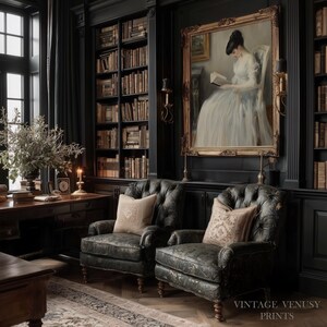 Timeless seated lady artwork printable for reading corner — romantic imagery with subtle color palette invites tranquility.