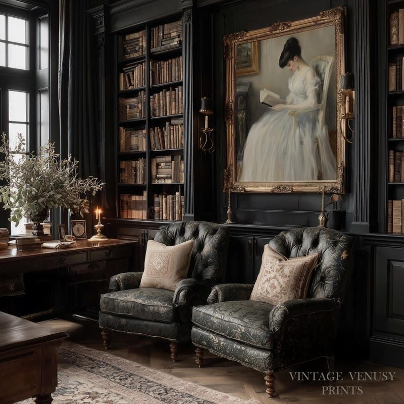 Timeless seated lady artwork printable for reading corner — romantic imagery with subtle color palette invites tranquility.