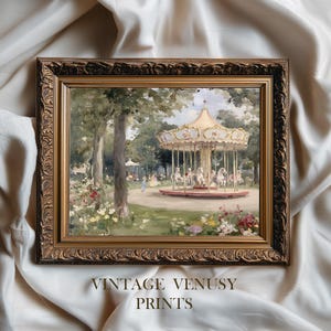 Impressionist Spring Park with Carousel -  Kid Room Wall Art, Nostalgic Pastel Painting, Vintage Digital Decor, 226