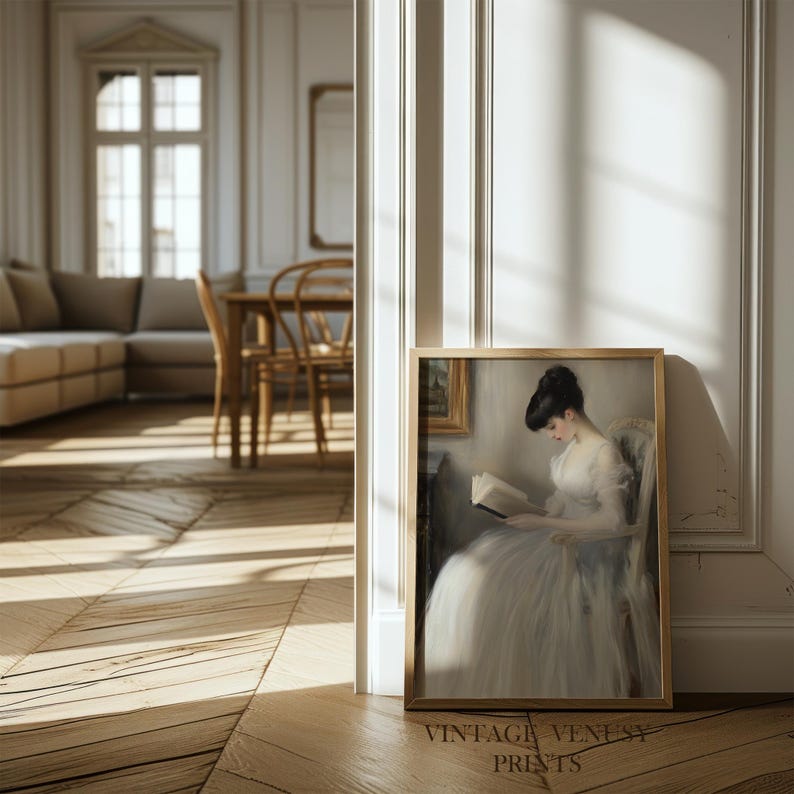 Elegant figure in full skirt oil painting for reading room — brings a sense of calm with classic portrait styling and delicate tones.