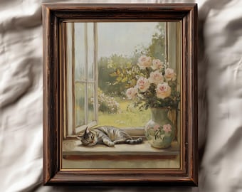 Puede incluir: Impresión enmarcada vintage que muestra un gato atigrado descansando en un alféizar. Un jarrón con rosas rosas está junto al gato. La ventana da a un jardín. La impresión está en un marco de madera marrón oscuro. Texto: "VINTAGE VENUSY PRINTS."