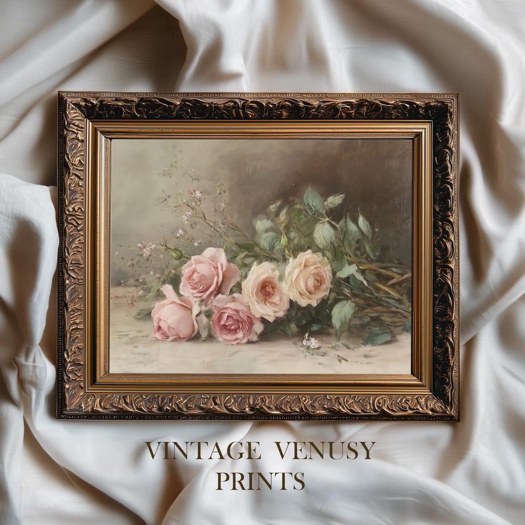 Vintage Pink Roses Print | Romantic Cottagecore Floral Wall Art | Soft ...