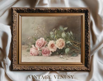 Stampa di rose rosa vintage / Arte murale floreale romantica in stile cottage / Dipinto di bouquet di rose in tenui colori pastello / Decorazione classica in stile fattoria / 6