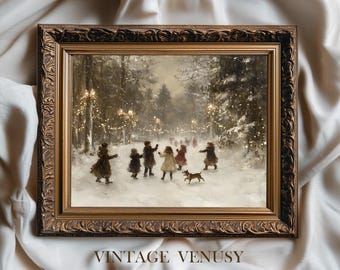 Vintage Snowy Landscape | Family Winter Scene Painting | Cozy Children Playing Art | Festive Decor with Dog | Printable Digital Download | 5