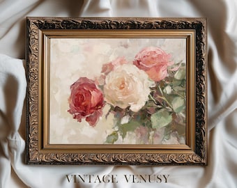 Vintage Roses Still Life Painting - Printable Romantic Cottagecore Bouquet Art, Cream & Blush-Pink Roses with Greenery, Digital Download 104