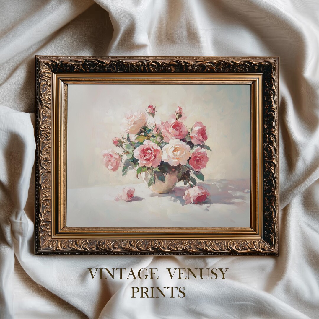 Vintage Romantic Rose Bouquet Still Life - Cottagecore Pink & White ...