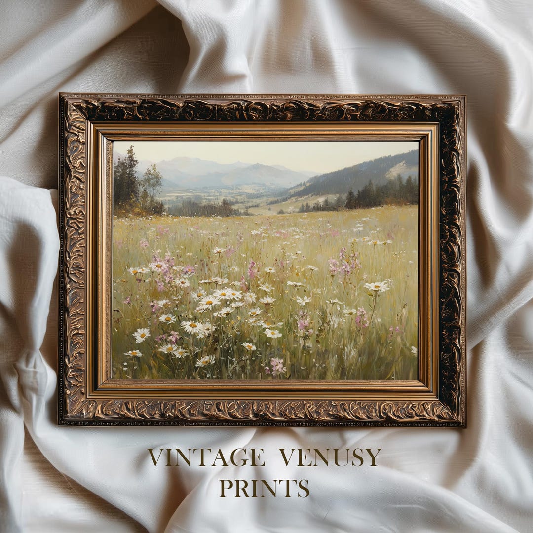 Vintage Cottagecore Meadow Wall Art - Pastoral Landscape With ...
